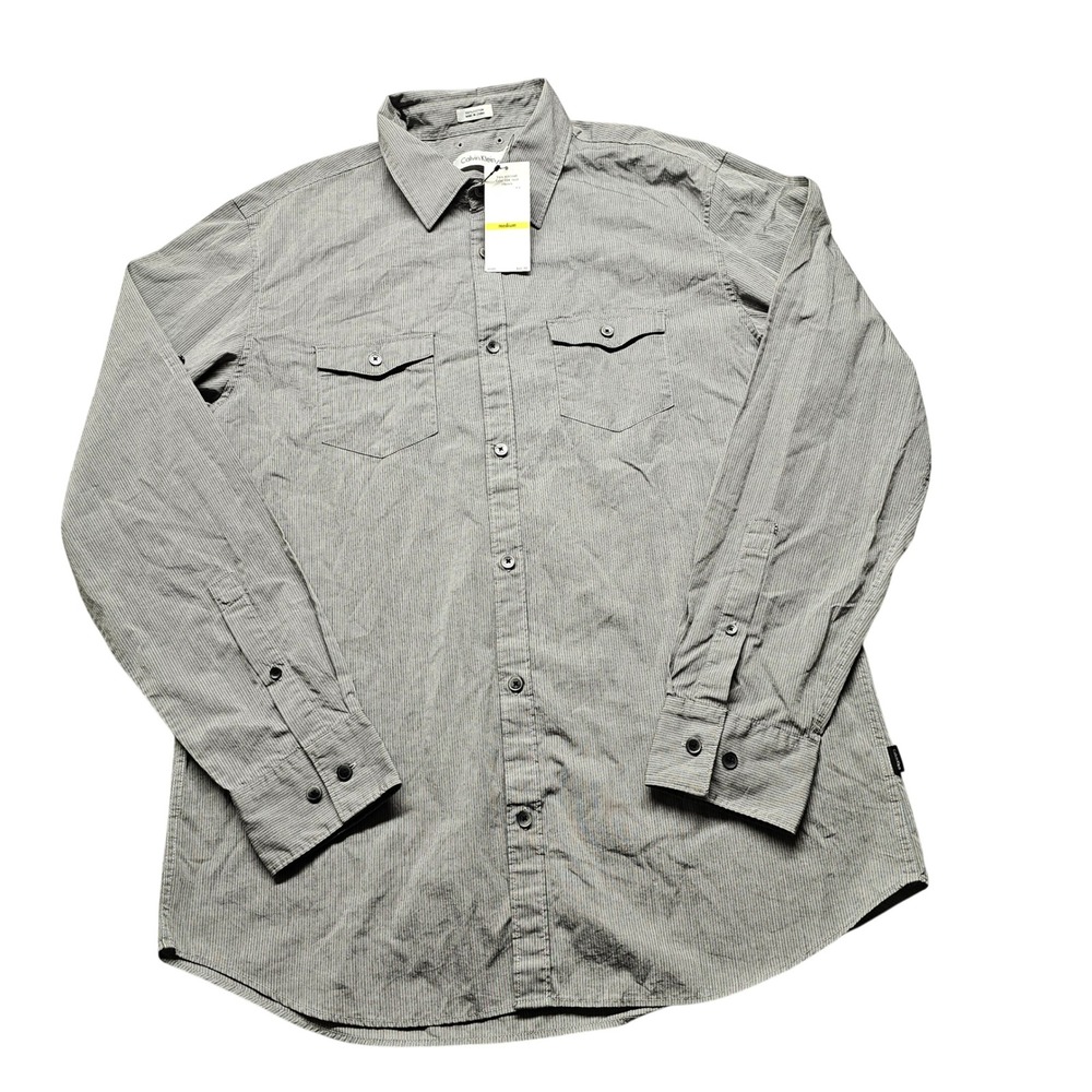NWT‎ Calvin Klein Mens Pinstripe Grey Cotton Roll Tab Button Down Shirt Medium